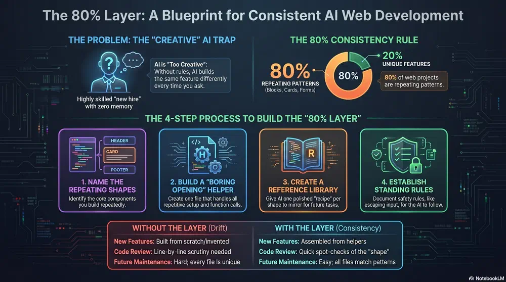Blueprint: name what repeats, one helper for setup, reference examples, then rules plus a standing instruction