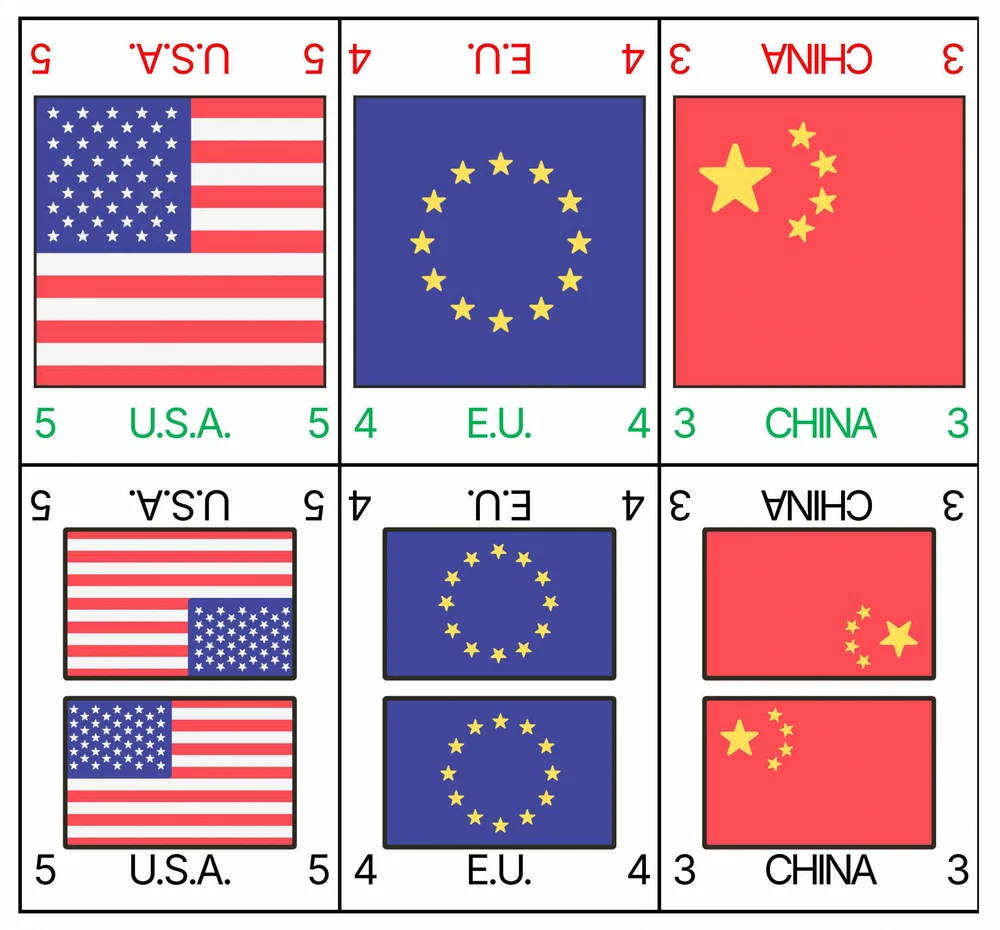 Duopoly country card flip states Duopoly country cards in neutral and controlled states for USA, EU, and China